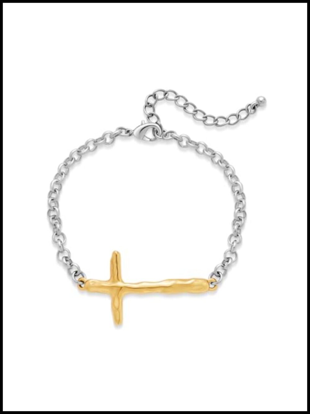 Textured Cross Link Bracelet, Two-Tone Gold and Silver, Brass, Adjustable